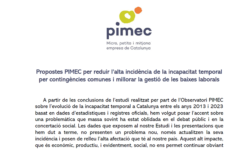 Propostes PIMEC per reduir l’alta incidència de la incapacitat temporal per contingències comunes i millorar la gestió de les baixes laborals